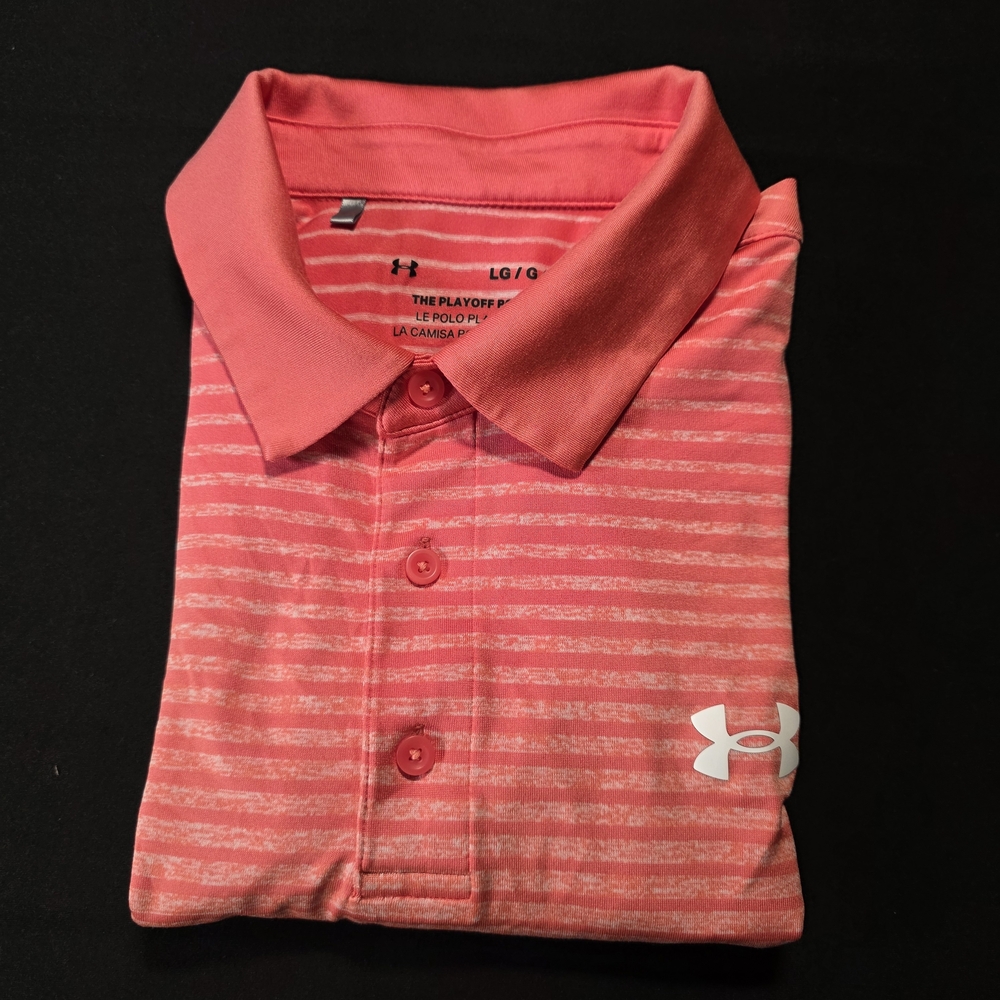 Men's Coral Under Armour Striped "The Play Off" Polo Shirt, Loose Fit Size Large